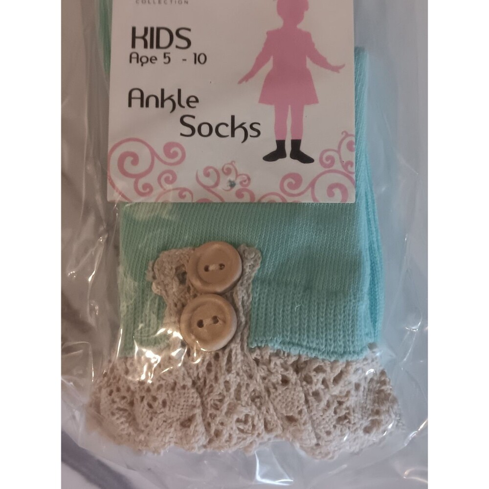 Kids Ankle Socks with Cream Lace & Button Detail in Aqua